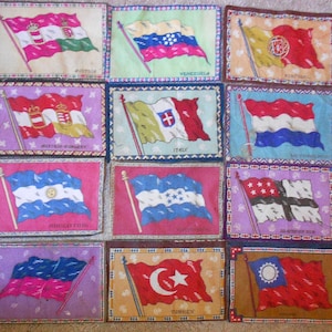 12 Flags of the world--100 years old-Cigarette-Tobacco Flannels 19th to Early 20th C. Rare.