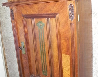 Antique ART NOUVEAU Fruitwood Wall Cabinet w/Brass Decorations and Hardware. Fabulous.