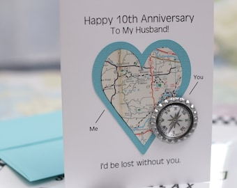 10th wedding Anniversary, Map, 10th Anniversary card for husband, personalized greeting cards, gay