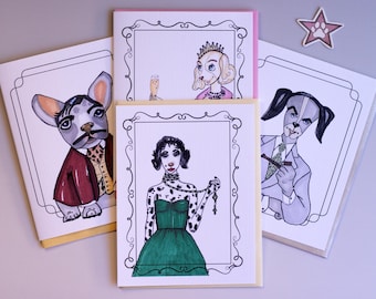 Hand Drawn Dog Notecards – Set of 4 Hollywood Dogs, Blank cards, Original Artwork Stationery, Doggywood Studios™