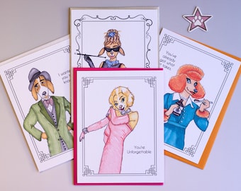 Dog Greeting Card Set – 4 Hand-Drawn Hollywood Dogs, Birthday and Thinking of You, Doggywood Studios™, Printed Inside Verses