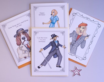 4-Pack Dog Greeting Cards, Hand-drawn Hollywood Dogs for Birthday Friendship, Doggywood Studios, printed inside verses