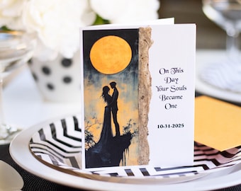 Personalized Gothic Halloween wedding card with orange moon design - Spooky couple celebration