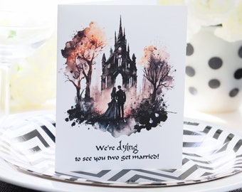 Goth wedding card, Gothic church, Halloween bridal shower, bride and groom, Halloween wedding