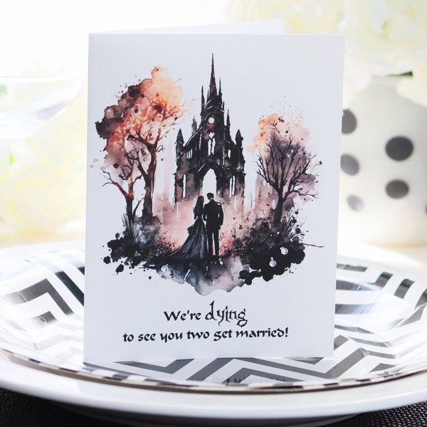 Goth wedding card, Gothic church, Halloween bridal shower, bride and groom, Halloween wedding