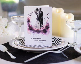 Personalized Gothic Halloween Wedding Card with Dancing Skeletons and Edgar Allan Poe Quote