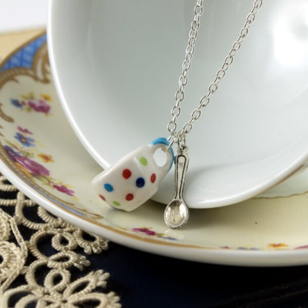 Polka Dot Teacup and Spoon Necklace - Tea Gift - Teacup Jewellery