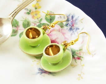 Green Teacup Earrings - Tea Lover Gift - Teacup Jewellery
