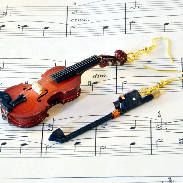 Violin Earrings with Bow in Case - Mismatched Earrings - Violin Gift - Violin Jewellery