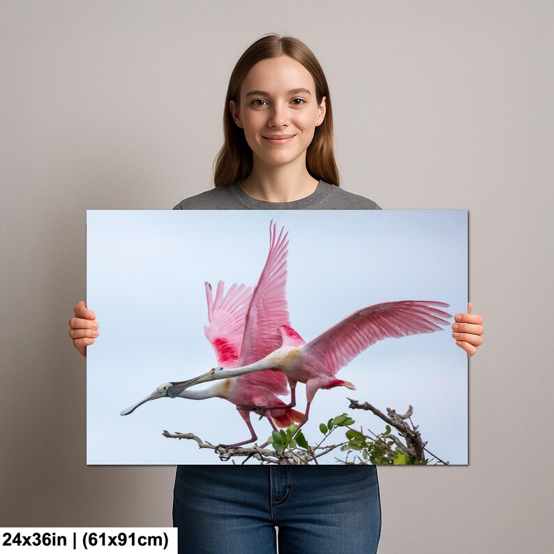 A woman is holding a framed print of a pink bird in flight, with its wings spread wide.