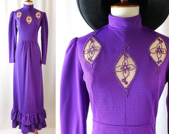 Vintage 70s Purple Maxi Dress // Women's S Small // Turtleneck Mockneck Long Sleeve Prom // Retro Costume Formal Juniors Ruffle Long