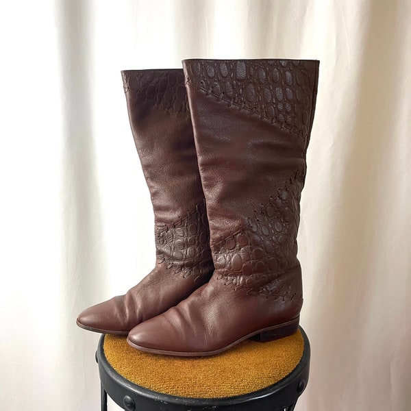 Vintage Leather Boots Patchwork Brown // Womens size 7.5 40 // Reptile Slouch Slouchy Flat // Boho Festival Rock 70s 80s Crocodile Print