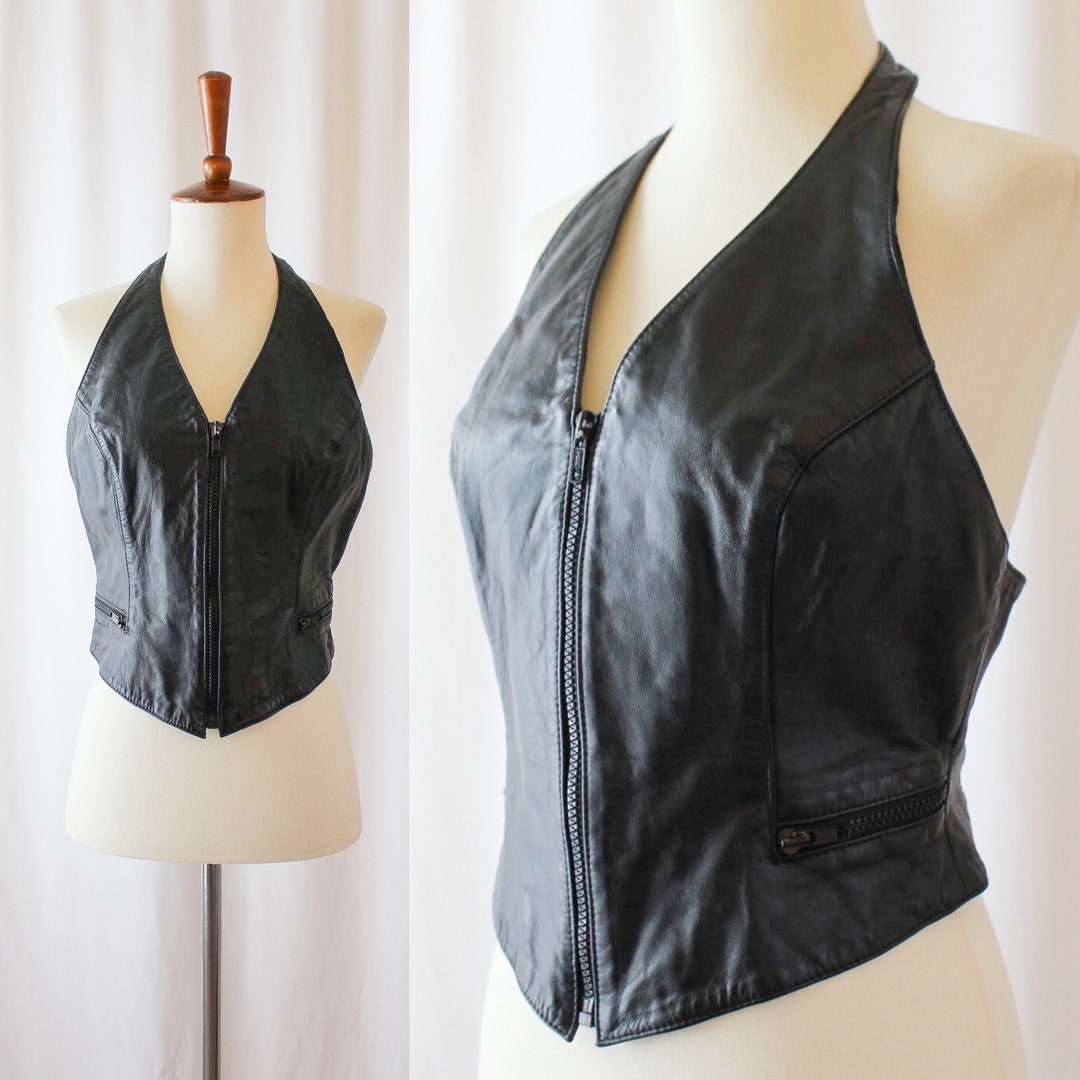 Vintage Black Leather Halter Vest // Womens M Medium // 90s Etsy
