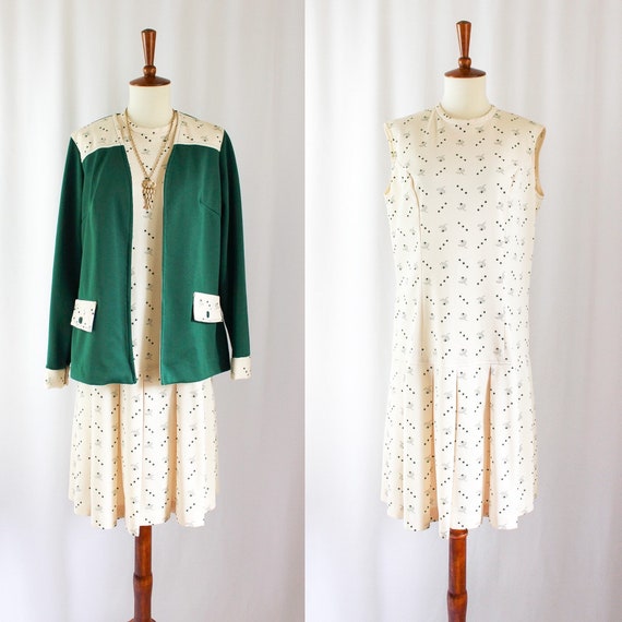 Vintage 60s Dress Suit Set Green Mod // Womens M … - image 1