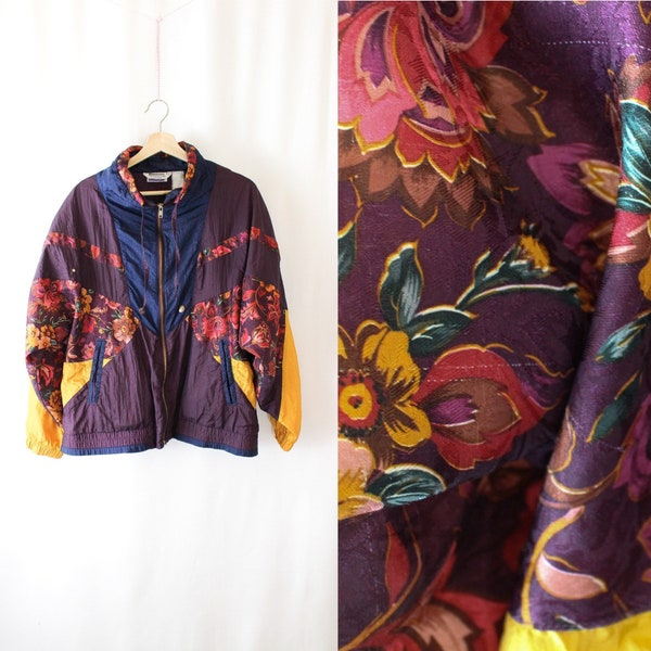 Vintage Windbreaker 90s Colorblock Black // Womens XL Extra Large // Jacket Coat Retro Streetwear // Floral Oversized Print Pattern Costume