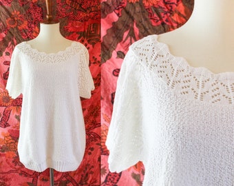 Vintage Blouse Sweater Crochet  // Womens L Large // White 90s 80s Shirt Top Cottagecore Short Sleeve Knit Carly Blake // Retro Minimalist