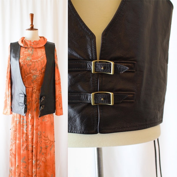 Vintage Leather Vest Brown 60's // Women's L Large // Men's M Medium // 70s Costume Festival Hippie Biker Retro // Hanna California Buckle