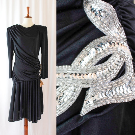 Deadstock 90s Disco Glam Dress Black // Women's M… - image 1