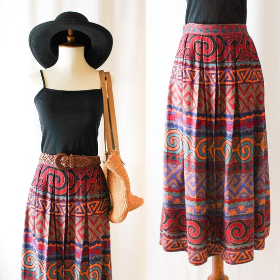 Vintage Midi Skirt 90s Tribal Print // Womens M M… - image 1