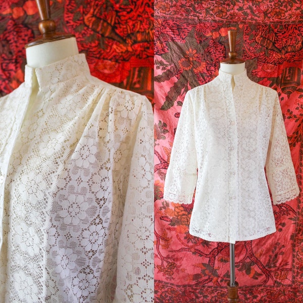 Vintage Lace Blouse 60s // Womens L Large // White Beige Shirt Top Sheer // Retro Boho Button Up Hippie Costume // Carefree Fashions