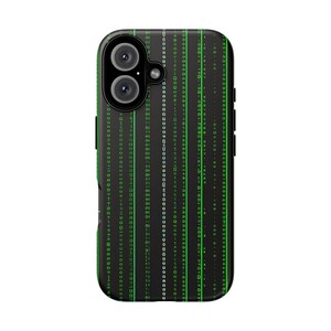 May include: A black smartphone case featuring a vertical digital pattern of bright green binary code and numbers. The design covers the entire back surface, including the area around the dual camera lenses located in the upper left corner.