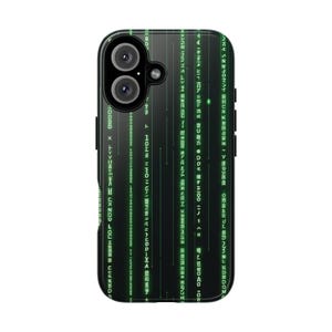 May include: A black smartphone case featuring a vertical digital rain pattern with glowing green characters and symbols. The design mimics a cascading data stream against a dark background, with a cutout for a dual-lens camera system.