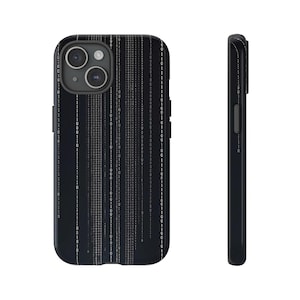 May include: A black smartphone case featuring a vertical pattern of white binary code digits, specifically zeros and ones, arranged in columns. The design covers the back of the case, which includes a circular cutout for the camera lens array.