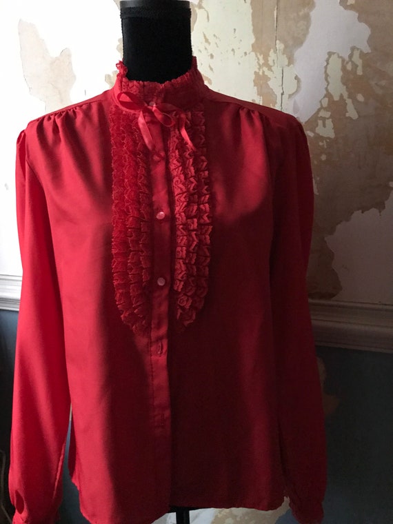 1980’s vintage ruffled lace bib blouse with ribbo… - image 3