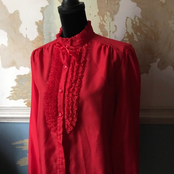 1980’s vintage ruffled lace bib blouse with ribbon tie neck in lipstick red