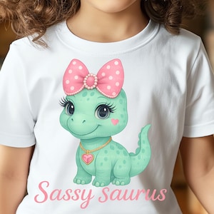 Frecher Dinosaurier PNG | Pastell Dino Mädchen mit Schleife | Saurus Clipart | Niedliche Dinos für Kinder | 300 DPI Digital Download.