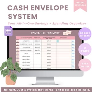 Op de afbeelding: Een computerscherm waarop een roze en witte spreadsheet wordt weergegeven met de titel "Enveloppen Samenvatting". De spreadsheet heeft kolommen voor "Naam Envelop", "Doel instellen", "Gespaard/Beschikbaar Saldo" en "Voortgang". De spreadsheet is gelabeld met "Google Sheets" en heeft een roze en wit label met de tekst "2 Tabbladen". Het scherm is omgeven door een roze en witte achtergrond met de tekst "Cash Envelope System" en "Uw alles-in-één besparings- en uitgavenorganisator".