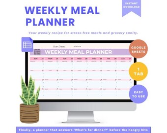 May include: A computer screen displaying a weekly meal planner template. The template is designed for Google Sheets and has a pink and blue color scheme. The text "Weekly Meal Planner" is displayed in a purple box at the top of the screen. The text "Google Sheets" is displayed in a peach box on the right side of the screen. The text "1 Tab" is displayed in a yellow box on the right side of the screen. The text "Easy to Use" is displayed in a light blue box on the right side of the screen.