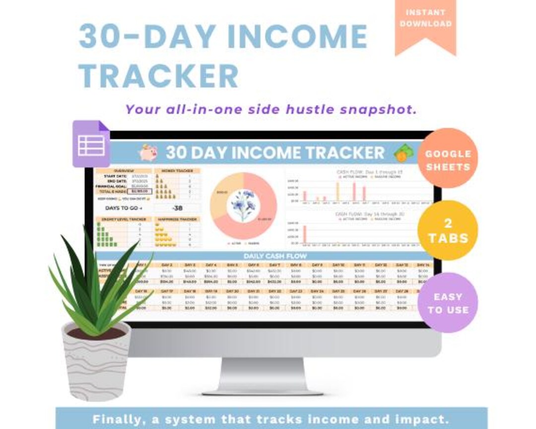30 Day Side Hustle Income Tracker Spreadsheet | Printable Daily