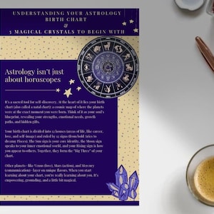 Kit de démarrage astrologie et cristaux, thème astral, modèle à remplir, guide des cristaux, compatibilité du zodiaque