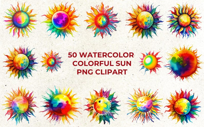 50 Watercolor Colorful Sun PNG Clipart - Etsy