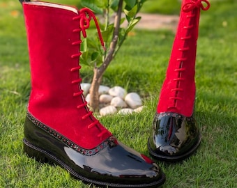 Handmade Custom Victorian Boots - Red Suede and Black Patent Leather Lace-Up Boots - Personalized Balmoral Vintage Oxford Boots for Women