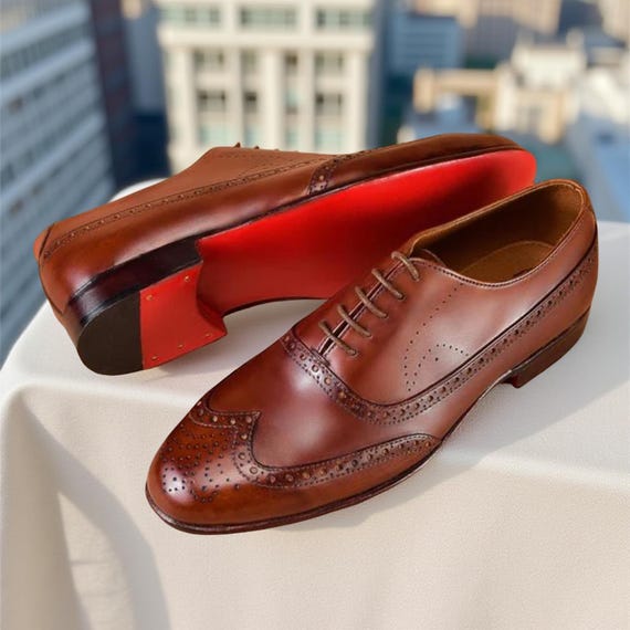 Handmade Leather Wingtip Brogue Shoes: Brown Red Sole, Men display picture 3