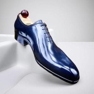 New 2025 Men&#39;s Handmade Blue Leather |Oxford Lace Up Whole-Cut Dress Formal Shoe Men
