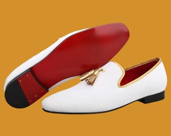 White pure leather Square Loafer Gold Tassel Prom Wedding ,party shoes handmade