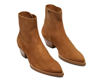 Men Handmade Leather Chelsea Boots Point Toe Cuban Heel Ankle High