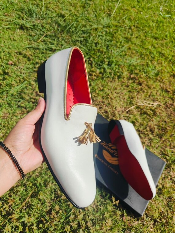 Handmade White Leather Loafers, Red Sole, Gold Tassel, Prom Wedding Shoes - Etsy Israel Handmade White Leather Loafers, Red Sole, Gold Tassel, Prom Wedding Shoes - Etsy Israel