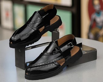 Handgefertigte Leder Norozi Chappal Sandalen: Schwarz Glanz, Doppelsohle