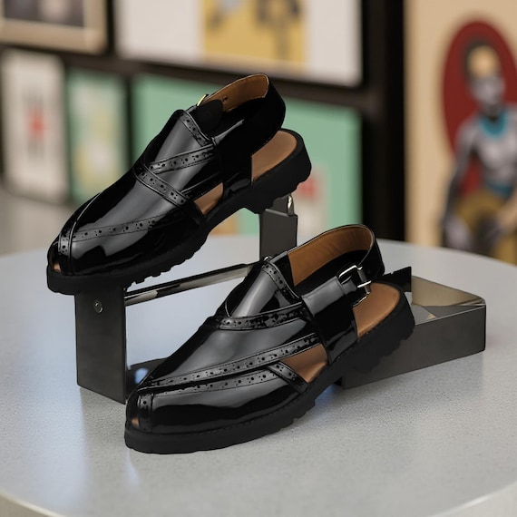 Handcrafted Leather Norozi Chappal Sandals: Black Shine, Double