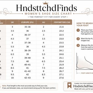 May include: A HndsttchdFinds shoe size chart for women featuring a table with US, UK, EU, and AU sizes alongside centimeter measurements. It includes a three-step guide on how to measure foot length with a diagram and a note on sizing accuracy.