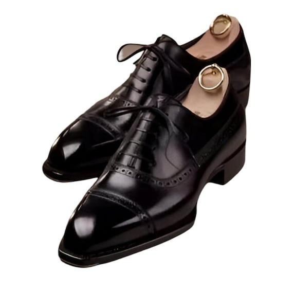 Black Oxford Dress Shoes with Patent Leather Finish and Decorative Broguing Black Lake - Elevator Dress Shoes in Varnish Leather from  main image 4