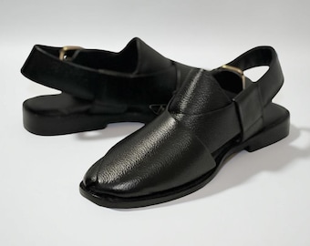 Handgefertigte Schwarze Leder Peschakari Chappal – Pakistanische Sandalen