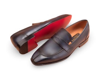 Handcrafted Leather Penny Loafers: Men&#39;s Formal Red Sole Dress Shoes