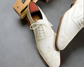 Handgemaakte echt witte leren Oxford brogue vleugeltip kleding herenschoenen bruiloft schoenenrek