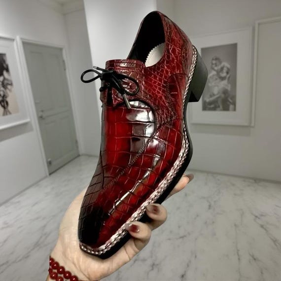 Handmade Burgundy Patina Leather Oxford Wingtip Shoes