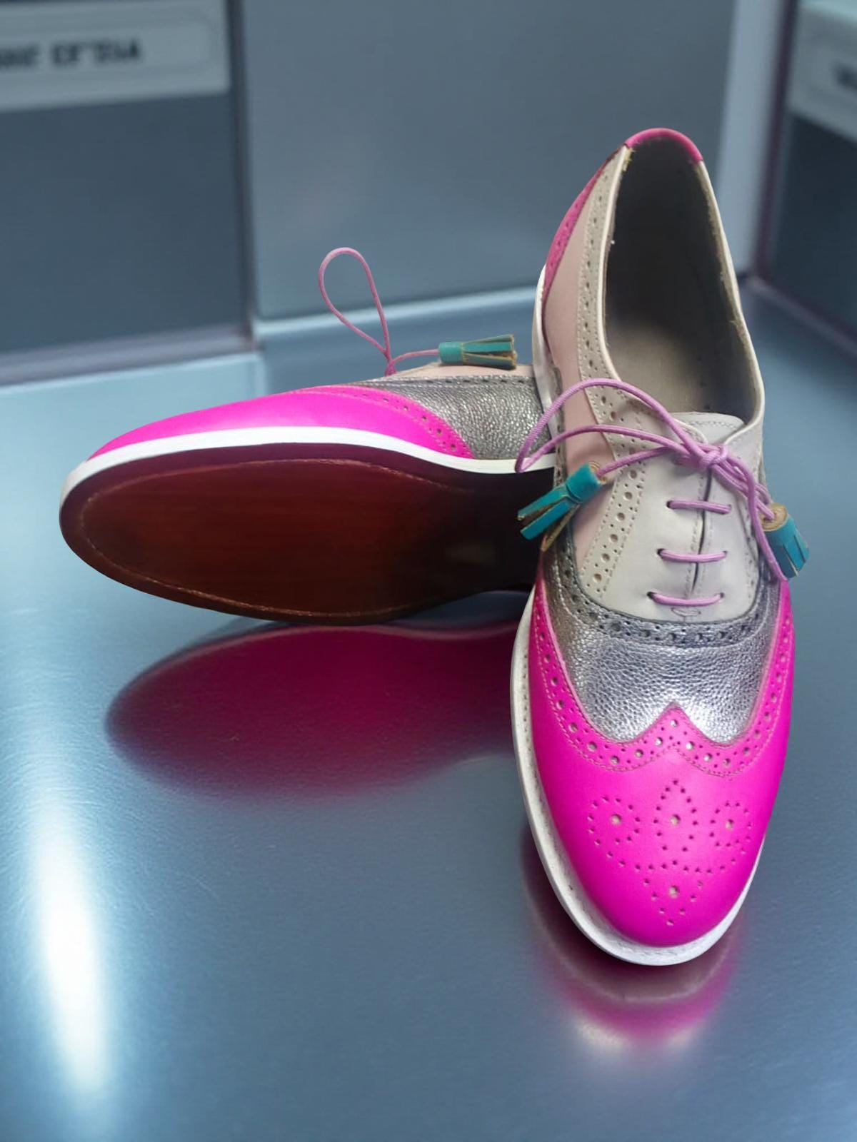 grey and pink dress shoes Handmade Multicolor Leather Oxford Shoes: Wingtip Brogue sophisticated style
